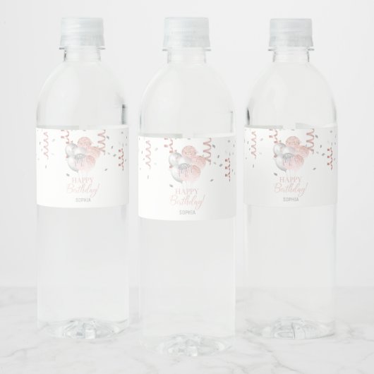 Blush en Zilveren Ballonnen Verjaardag Waterfles Etiket (Flessen)
