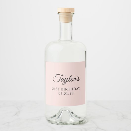 Blush en zwart Elegant Script 21e verjaardag Likeurfles Etiket (Voorkant)