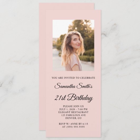 Blush en zwart Elegant Script 21st Verjaardag Foto Kaart (Voorkant / Achterkant)