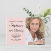 Blush en Zwart Elegant Script 50th Verjaardag Foto Kaart (Staand voorkant)