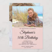 Blush en Zwart Elegant Script 50th Verjaardag Foto Kaart (Voorkant / Achterkant)