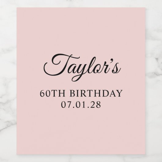 Blush en zwart Elegant Script 60th Verjaardag Wijn Etiket (Enkel label)
