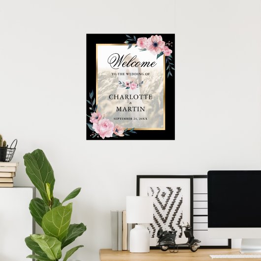 Blush en zwarte bloemenfoto bruiloft welkomstbord poster (Thuiskantoor)