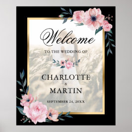 Blush en zwarte bloemenfoto bruiloft welkomstbord poster