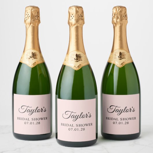 Blush en Zwarte Elegante Script Bruiloftsborrel Sparkling Wijnetiket (Flessen)