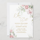 Blush & Eucalyptus Bloemen Bewaar de Datum uitnodi Kaart (Voorkant)