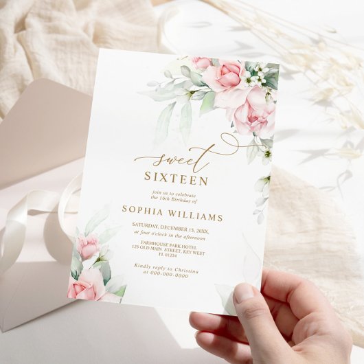 Blush & Eucalyptus Bloemzoet 16 Verjaardag Kaart