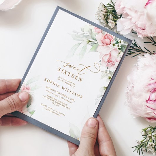 Blush & Eucalyptus Bloemzoet 16 Verjaardag Kaart