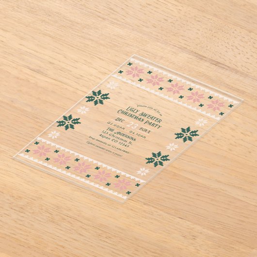 Blush Evergreen Ugly Sweater Christmas Party Acryl Uitnodigingen (Laagn)