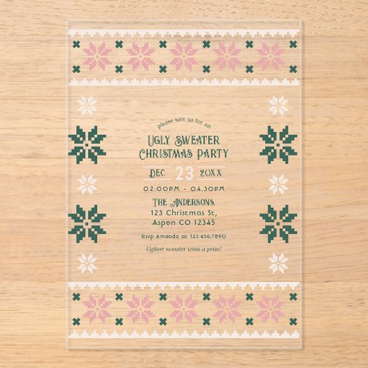 Blush Evergreen Ugly Sweater Christmas Party Acryl Uitnodigingen (Voorkant)