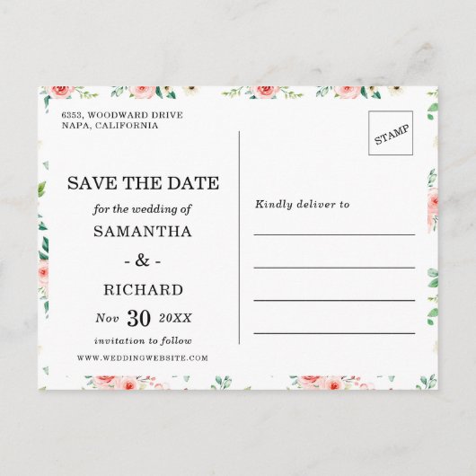 Blush Floral 3 Foto Bruiloft Save the Date Uitnodiging Briefkaart (Achterkant)