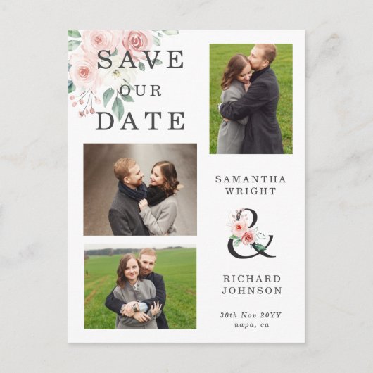 Blush Floral 3 Foto Bruiloft Save the Date Uitnodiging Briefkaart (Voorkant)