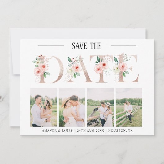 Blush Floral 4 Foto Bruiloft Save the Date Kaart (Voorkant)