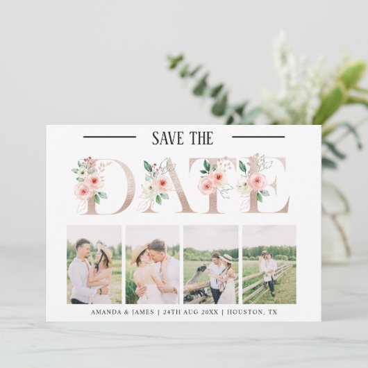 Blush Floral 4 Foto Bruiloft Save the Date Kaart (Staand voorkant)