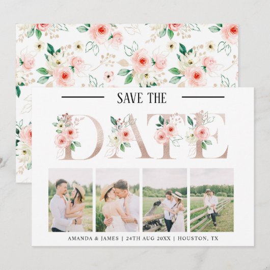 Blush Floral 4 Foto Bruiloft Save the Date Kaart (Voorkant / Achterkant)