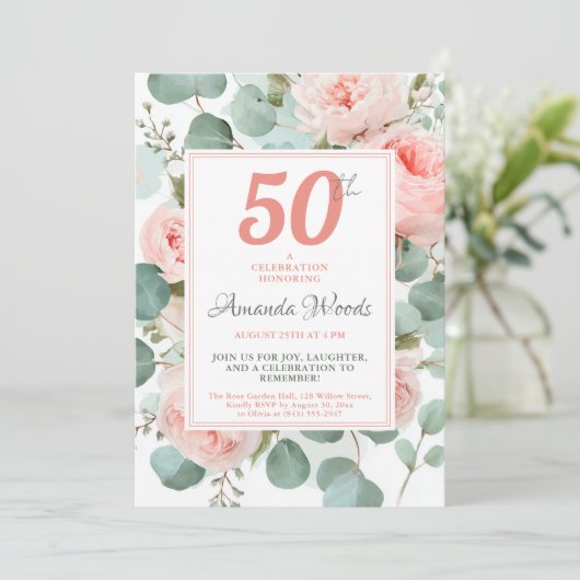 Blush floral 50ste verjaardag met rozen en groen kaart (Staand voorkant)