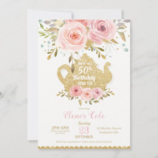 Blush Floral 50th Birthday High Tea Party OM HET E Kaart (Voorkant)
