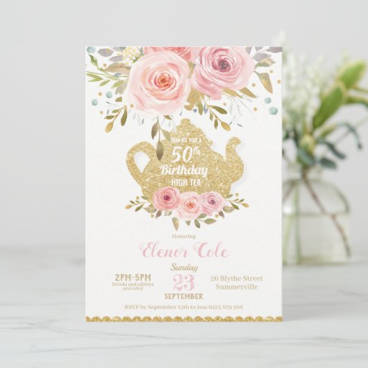 Blush Floral 50th Birthday High Tea Party OM HET E Kaart (Staand voorkant)