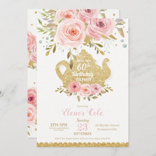 Blush Floral 60th Birthday Tea Party High Tea Kaart (Voorkant / Achterkant)