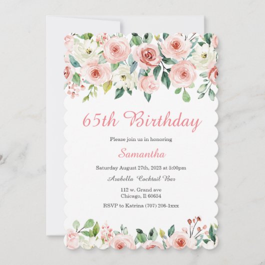 Blush Floral 65e Verjaardag Uitnodigen Kaart (Voorkant)