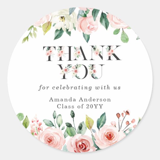Blush Floral Afstuderen Dank u Sticker (Voorkant)