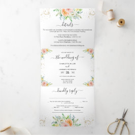 Blush Floral and gold Wedding Drieluik Uitnodiging