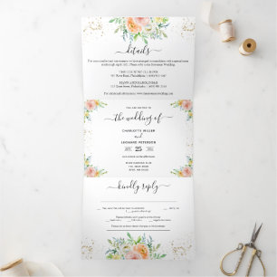Blush Floral and gold Wedding Drieluik Uitnodiging