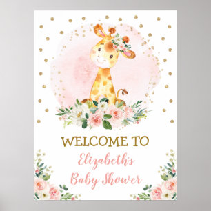 Blush Floral Baby Giraffe Safari Wild One Welkom Poster