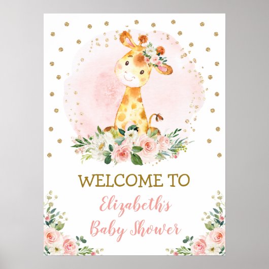 Blush Floral Baby Giraffe Safari Wild One Welkom Poster (Voorkant)