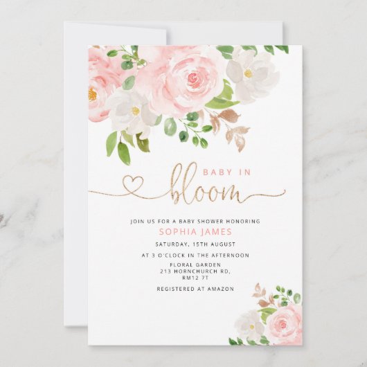 Blush floral baby in bloom baby shower-uitnodiging kaart (Voorkant)