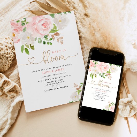 Blush floral baby in bloom baby shower-uitnodiging kaart