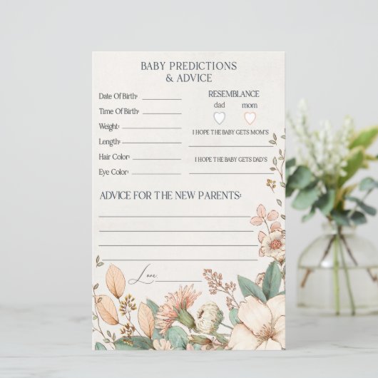 Blush floral baby shower advies & voorspellingskaa (Staand voorkant)