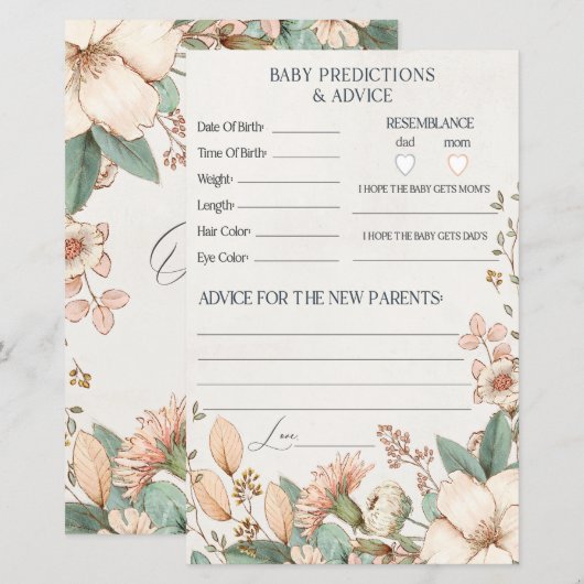 Blush floral baby shower advies & voorspellingskaa (Voorkant / Achterkant)