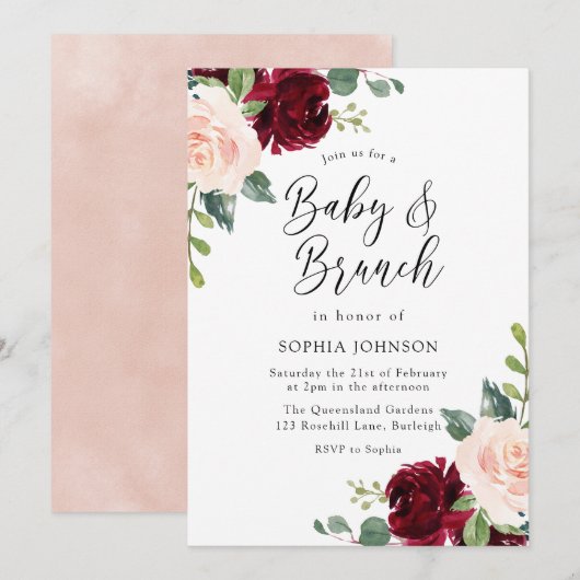 Blush Floral Baby shower Baby & Brunch Kaart (Voorkant / Achterkant)
