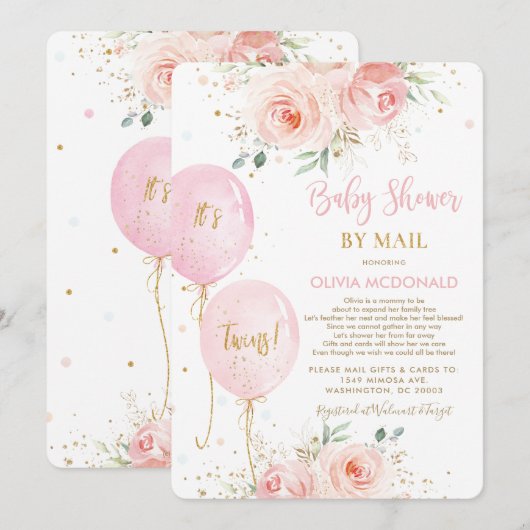 Blush Floral Balloons Twins Baby shower per post Kaart (Voorkant / Achterkant)