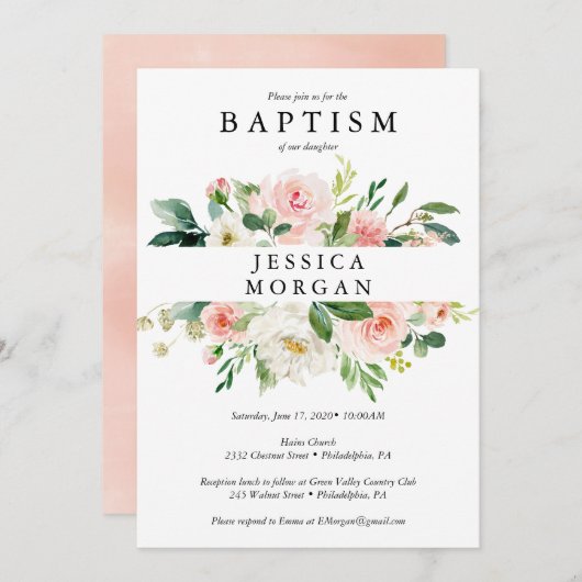 Blush Floral Baptism Invitation Card Kaart (Voorkant / Achterkant)