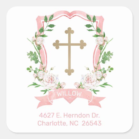 Blush Floral Baptism Return Address Vierkante Sticker (Voorkant)