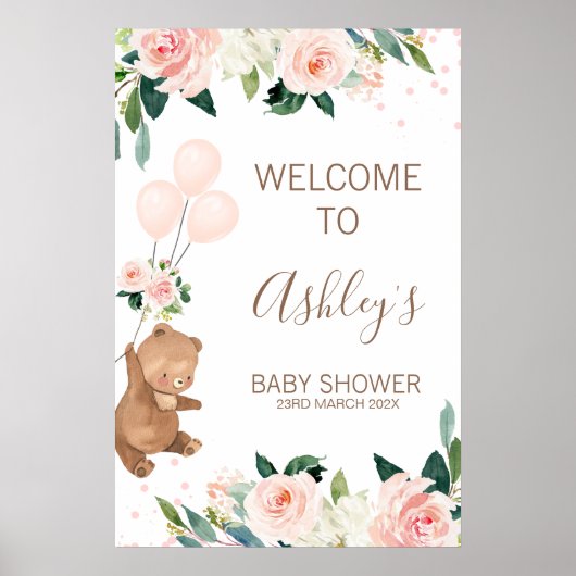 Blush Floral Beer ballon Baby shower Welkomstteken Poster (Voorkant)