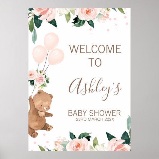 Blush Floral Beer ballon Baby shower Welkomstteken Poster (Voorkant)