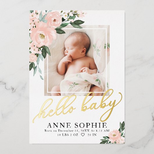 Blush Floral Birth Announge & Bedankt voor je cred Folie Uitnodiging (Voorkant)