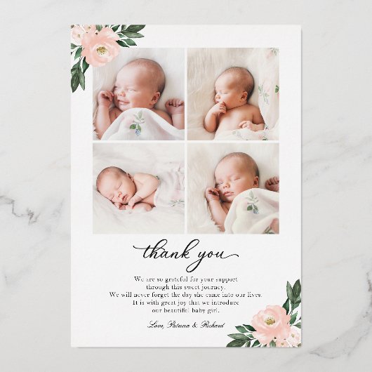 Blush Floral Birth Announge & Bedankt voor je cred Folie Uitnodiging (Achterkant)