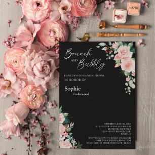 Blush Floral Black Bridal Brunch en Bubble Kaart