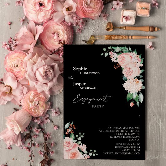 Blush Floral Black Engagement Party Kaart