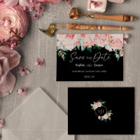 Blush Floral Black Flat Save the Date Kaart
