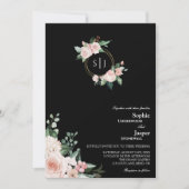 Blush Floral Black Monogram in één bruiloft Kaart (Voorkant)