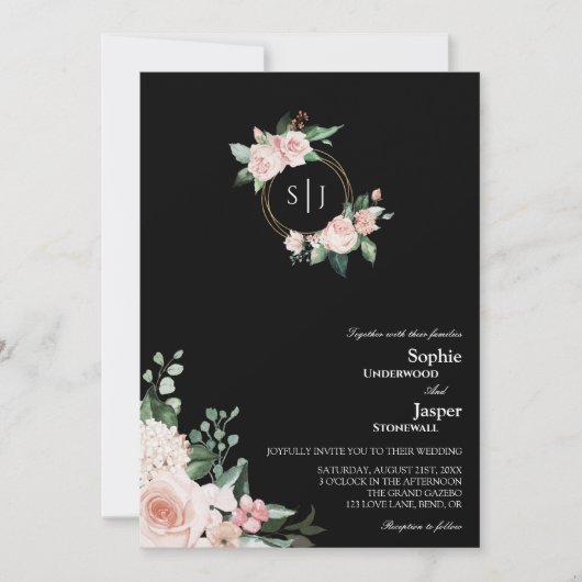Blush Floral Black Monogram in één bruiloft Kaart (Voorkant)