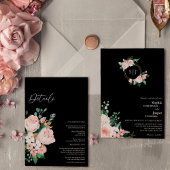 Blush Floral Black Monogram in één bruiloft Kaart