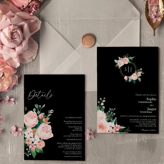 Blush Floral Black Monogram in één bruiloft Kaart