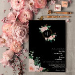 Blush Floral Black Monogram Weddenschap Kaart<br><div class="desc">Dit bloedige zwarte monogram huwelijksuitnodiging is voorzien van prachtige, chic neutrale achtergronden van zwart of wit met eenvoudige moderne typografie en elegante kalligrafie om een gesofisticeerde toon te stellen voor elke stijl van gebeurtenissen. Elk product is voorzien van prachtige blush roze rozen en perzik en ivoor hydrangeas, die voorzien zijn...</div>