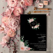 Blush Floral Black Monogram Weddenschap Kaart